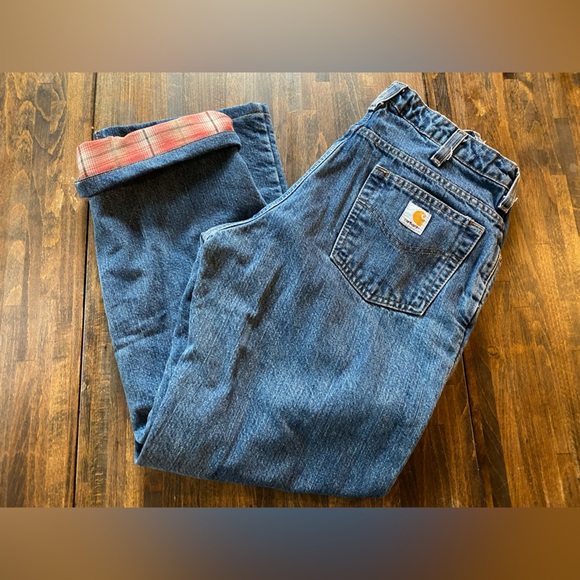 Carhartt Jeans Womens 8x28 Blue Flannel Lined Cowgirl Work Relaxed WB172 VIO HEM - Picture 2 of 10